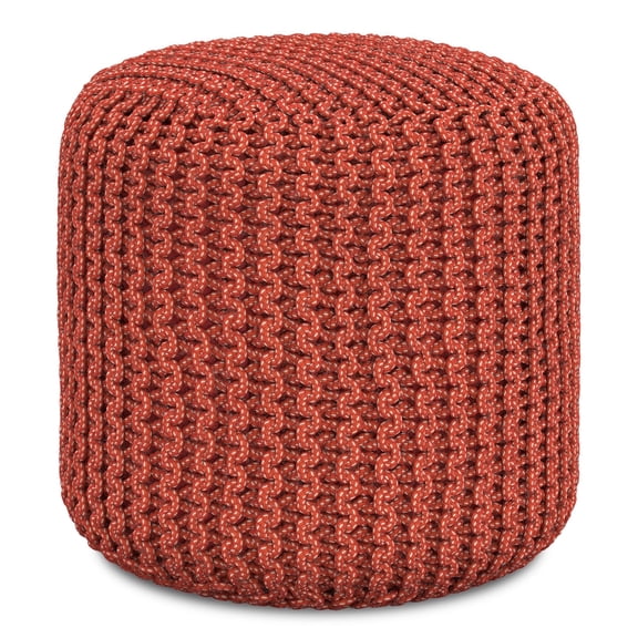Simpli Home Wynne 18 inch Wide Boho Round Knitted Pouf in Orange PET Polyester