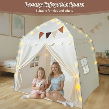 AMTPM Large Kids Play Tent, Indoor/Outdoor Children's Fort with Flags & Globe String Lights, Spacious Toddler Playhouse (61.8x38.6x58.2inch) for 3-12 Year Olds