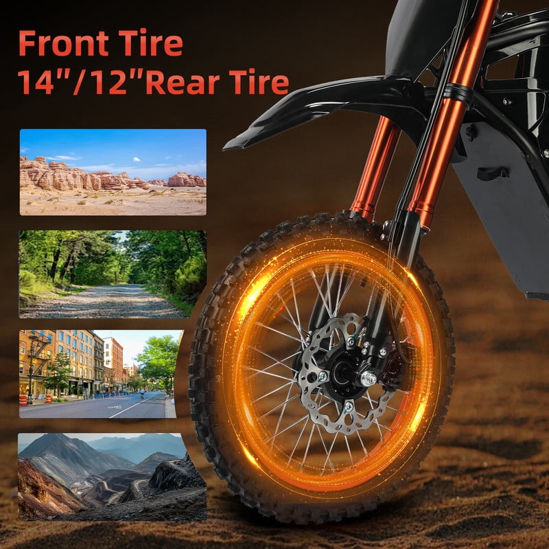 3000W(Peak)37MPH Electric Dirt Bike for Adult Teens,48V23AH Electric Motorcycle, 14"/12" all terrain off road bicycles,Hydraulic Disc Brakes UL2849