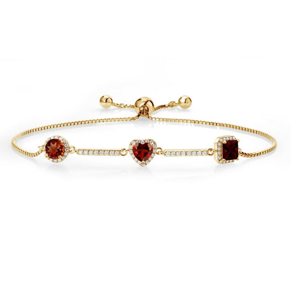 Gem Stone King Keren Hanan Round Heart Princess Cut Red Garnet Created Moissanite 18K Yellow Gold Plated Silver Tennis Bracelet for Women (2.88 cttw, Fully Adjustable up to 9 inch)