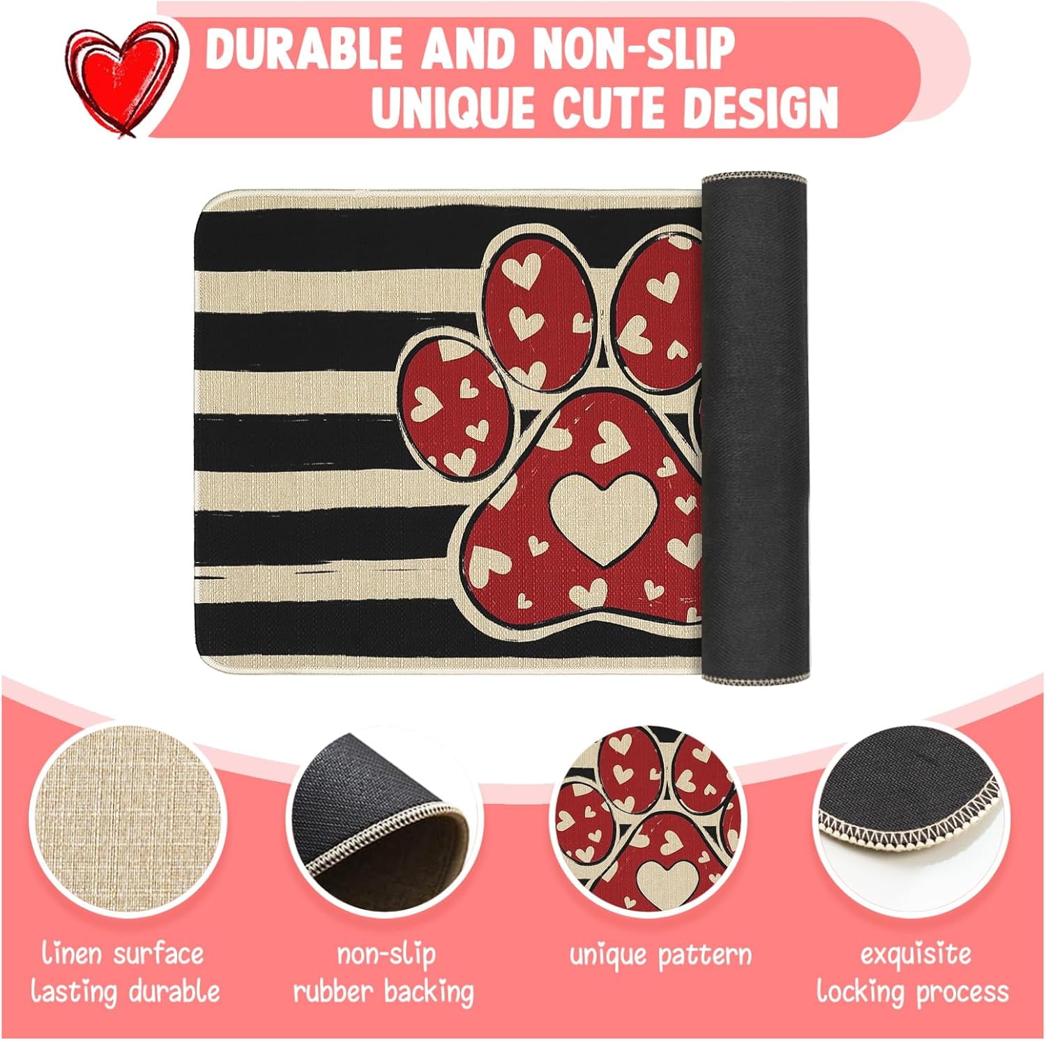 Valentines Day Door Mat Paw Print Love Doormat Valentines Decor Kitchen Mats Home Party Wedding Outdoor Entrance Non-Slip Rubber Door Mats 30" X 17"
