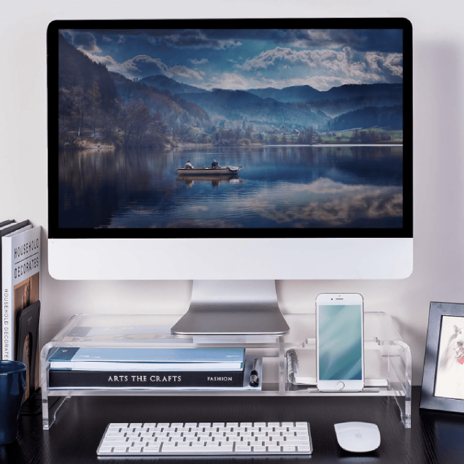 Acrylic Monitor Stand for Full Keyboard, 20" Wide 2-Tier Riser with Storage Shelf and Phone Holder, Desktop Organizer for Laptop, Printer, Screen (Clear)