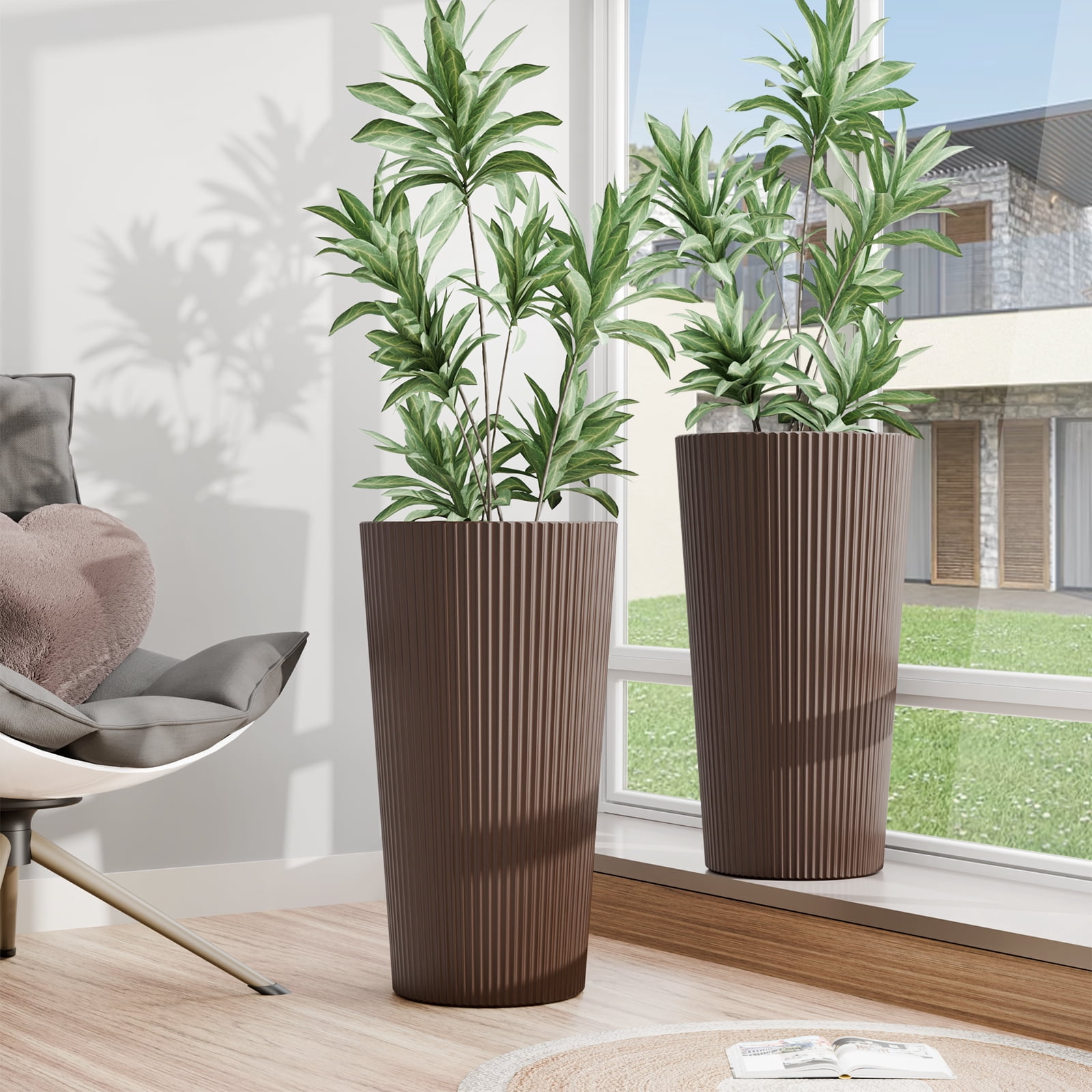 Chiccushion Tall Round Planter Set of 2, 23.6 Inch Tall Decorative Planter Pots for Outdoor Indoor Garden Patio Front Porch, Brown