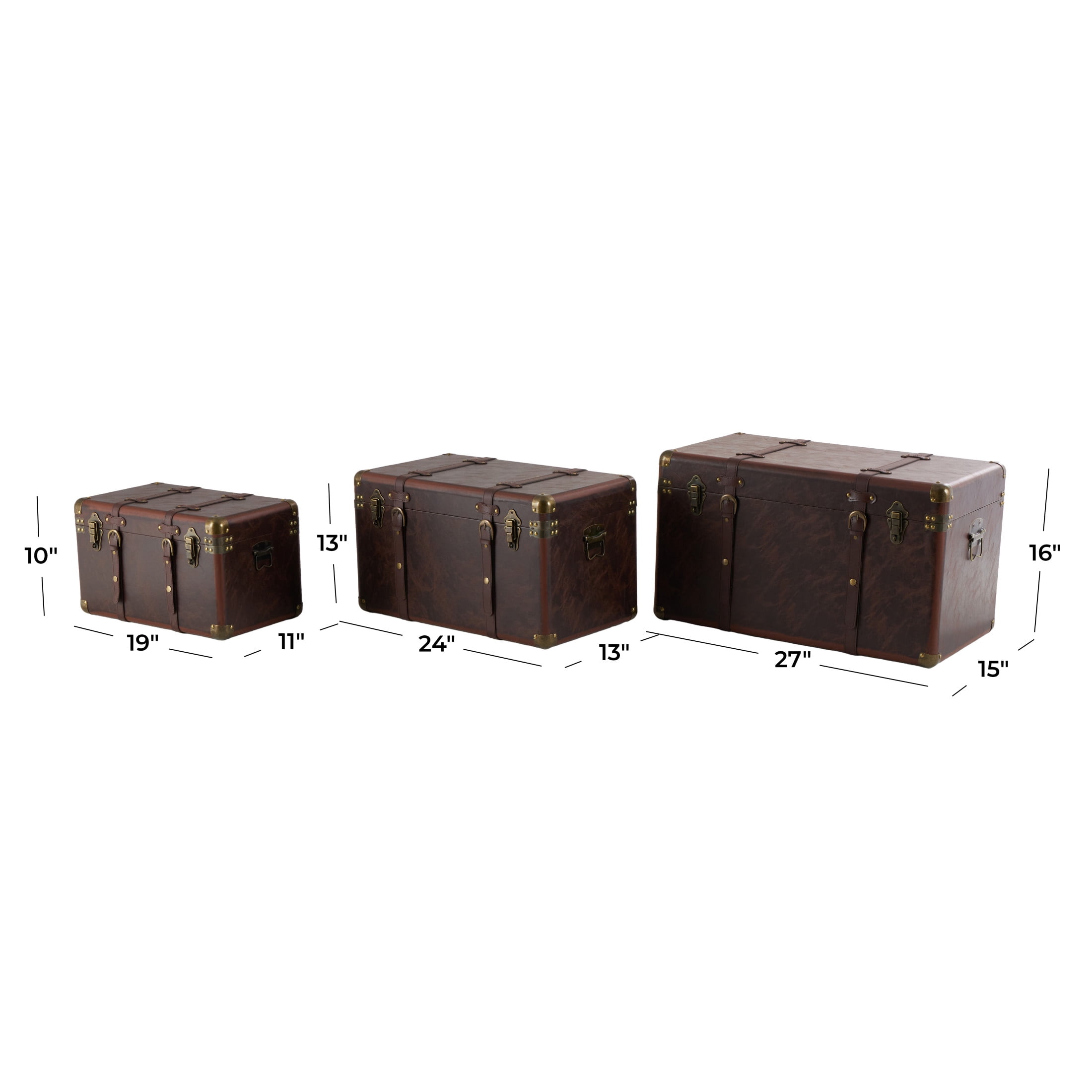 DecMode 19" x 10" Brown Faux Leather Nesting Upholstered Trunk with Vintage Gold Accents and Studs, 3-Pieces