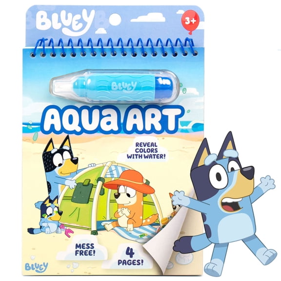 Bluey Aqua Art: Reusable water reveal activity pages with water pen for no-mess drawing and coloring|Water pen and reusable Bluey Aqua Art activity sheets for drawing, coloring or water-revealing.