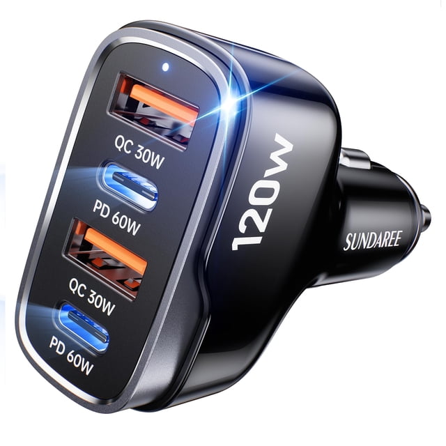 Cargador de coche SUNDAREE USB C 120W 4 puertos PD60W/QC30W para iPhone