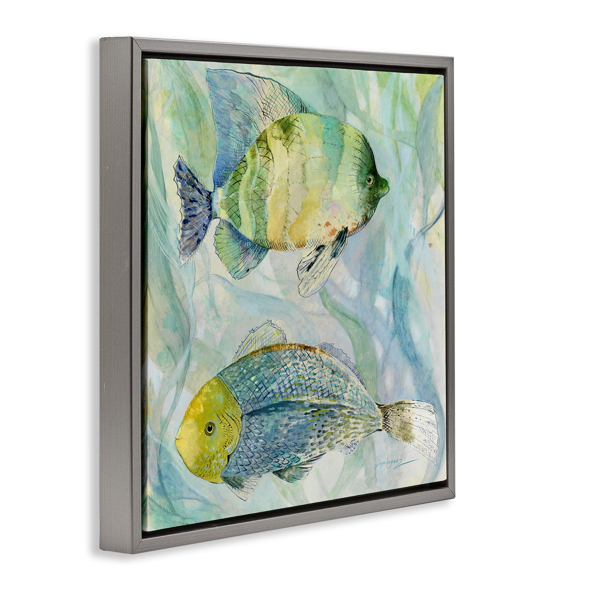 Stupell Industries Sweet Fish Duo Blue Green Gray Framed Floater Canvas Wall Art, design by Lorenzo Collective