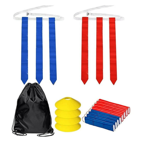 Flag Football Set-14Pcs Belts With 42 Flags(21 Red and 21 Blue Flags) , 4 Cones Adults Youth Flag Football Belts,21 x red flag 21 x 14 x football belts 4 x goal line cones,Blue & red