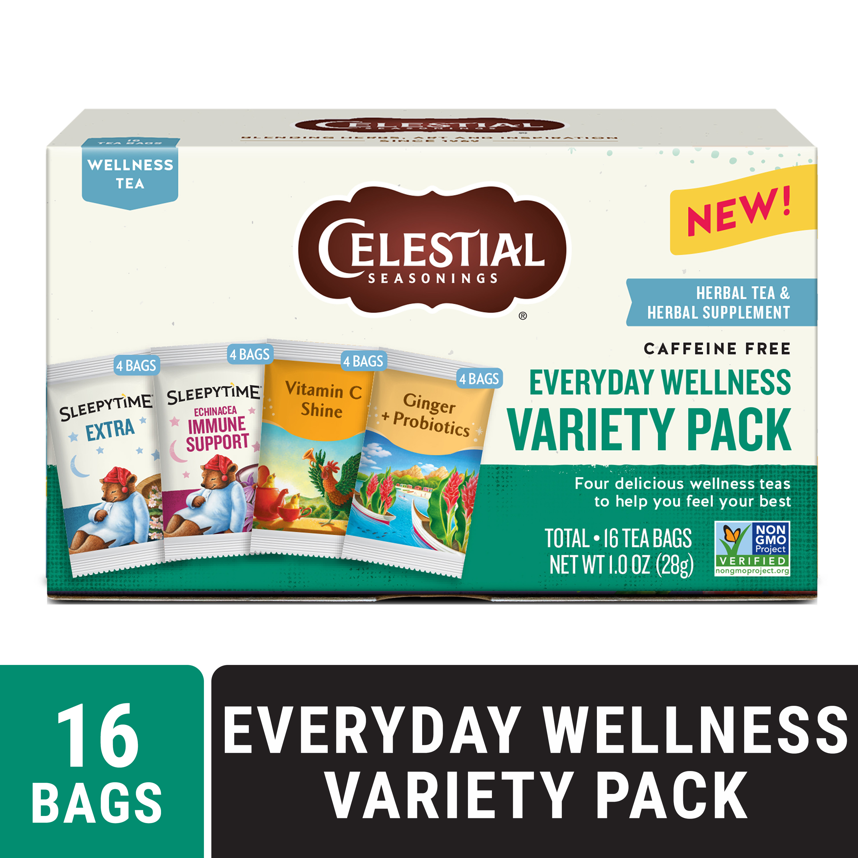 Celestial Seasonings Everyday Wellness Variety Pack Herbal Tea Bags (16 Count)