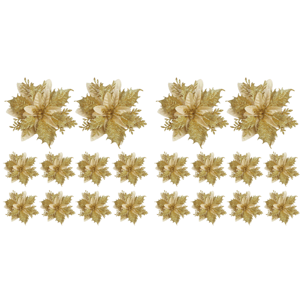 Flor de Pascua artificial con purpurina de 5,51 pulgadas para decoración de árbol de Navidad, 10 Uds. Dorado