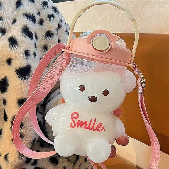 Kawaii Bear Straw Bottle, Pink Kawaii Bear Shaped Water Bottle with Straw and Strap, Cute Portable Water Bottle for Women Girls Camping Picnic Hiking Travel - 34oz