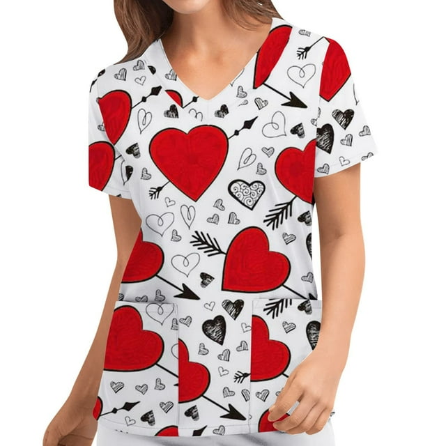 TIMIFIS Hauts de Sarrau d'Infirmière pour Femmes de la Saint-Valentin Uniforme de Travail Manches Courtes Col en V Blouse T-shirt de Travail avec Poches - Imprimé Rouge