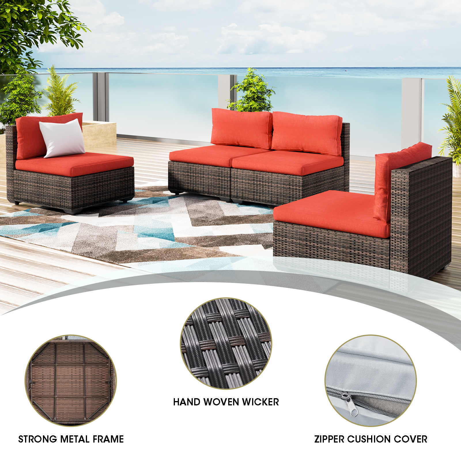 Grezone 4 Pieces Patio Furniture Set, All Weather Outdoor Sectional PE Rattan, Patio Conversation Sets with Cushions and Glass Coffee Table for Garden Lawn Balcony Porch Deck, Red