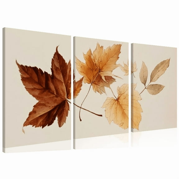 2D Flat , Bohemian Nordic style Art, Autumn Leaves and Pumpkins Canvas Painting, Wooden Framed Wall Art Posters Room Decor12*16inch*3pcs