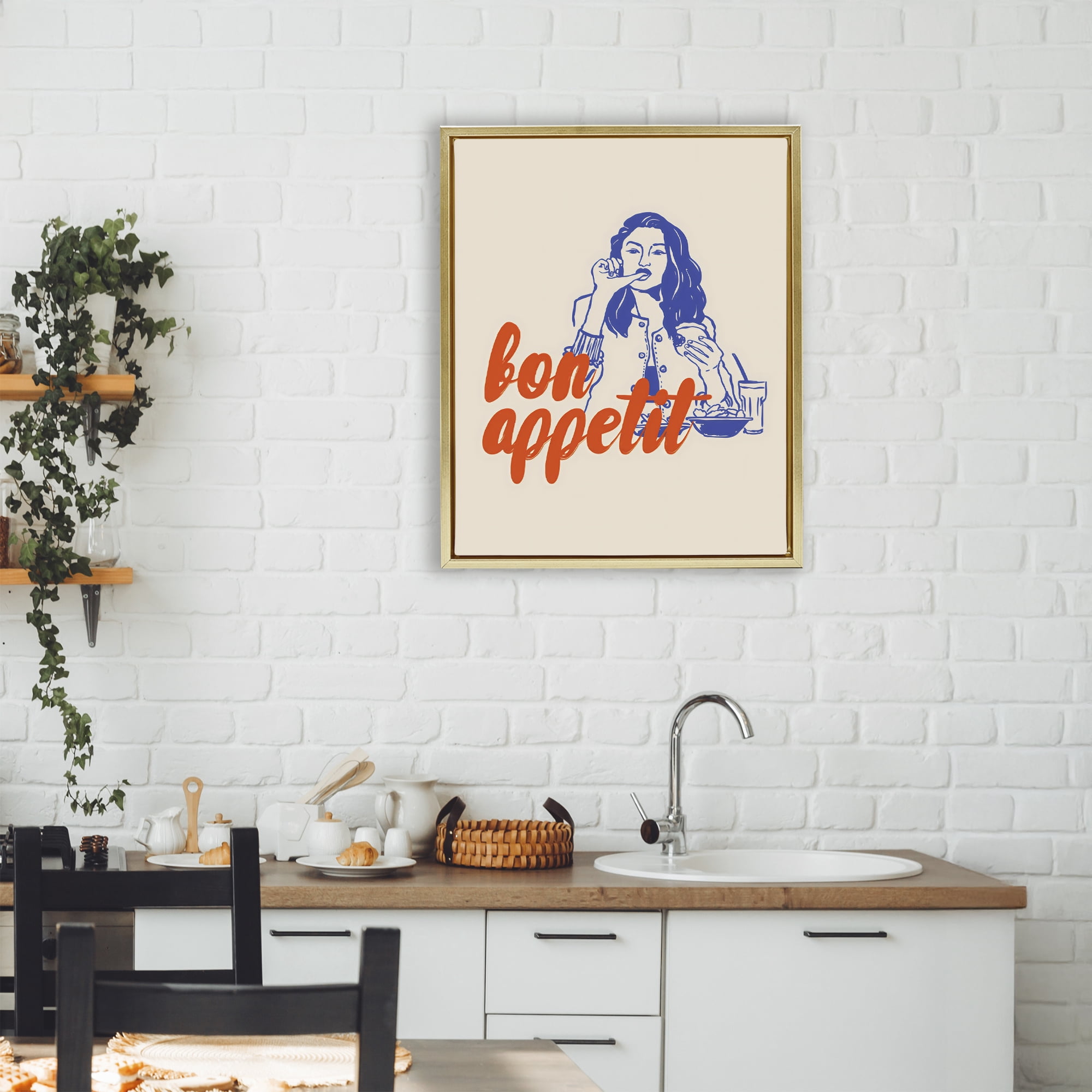 Stupell Industries Bon Appetit Woman Enjoying Meal Gold Framed Floater Canvas Wall Art, design by The Prints Vibe