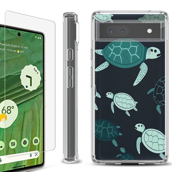 Shockproof Bumper Phone Case for Google Pixel 6a, with Tempered Glass Screen Protector, by OneToughShield ® - Sea Turtle Mix