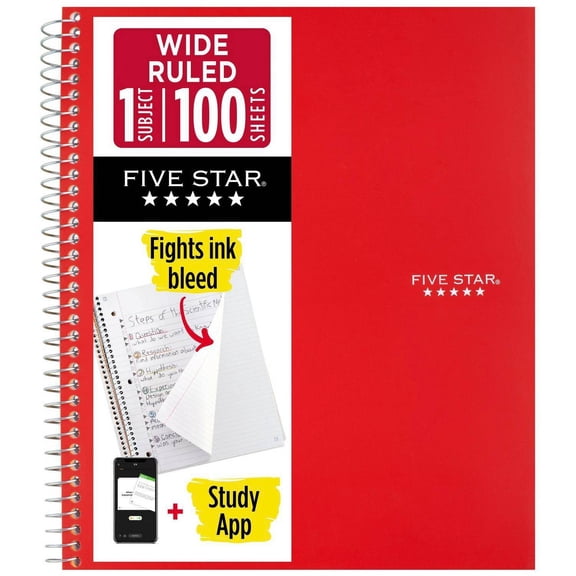 Five Star 8"x10.5" 1 Subject Wide Ruled Notebook Fire Red 100 Pages