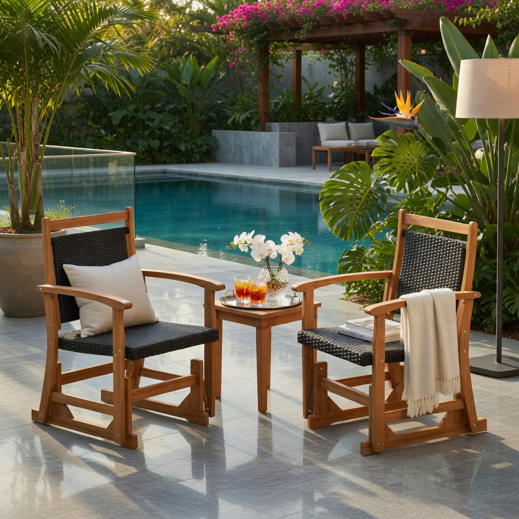Hommoo Outdoor Glider Chair with PE Rattan Seat & Back, Acacia Wood Frame, Mixed Wicker Patio Rocking Chair for Backyard, Balcony, Poolside, Brown