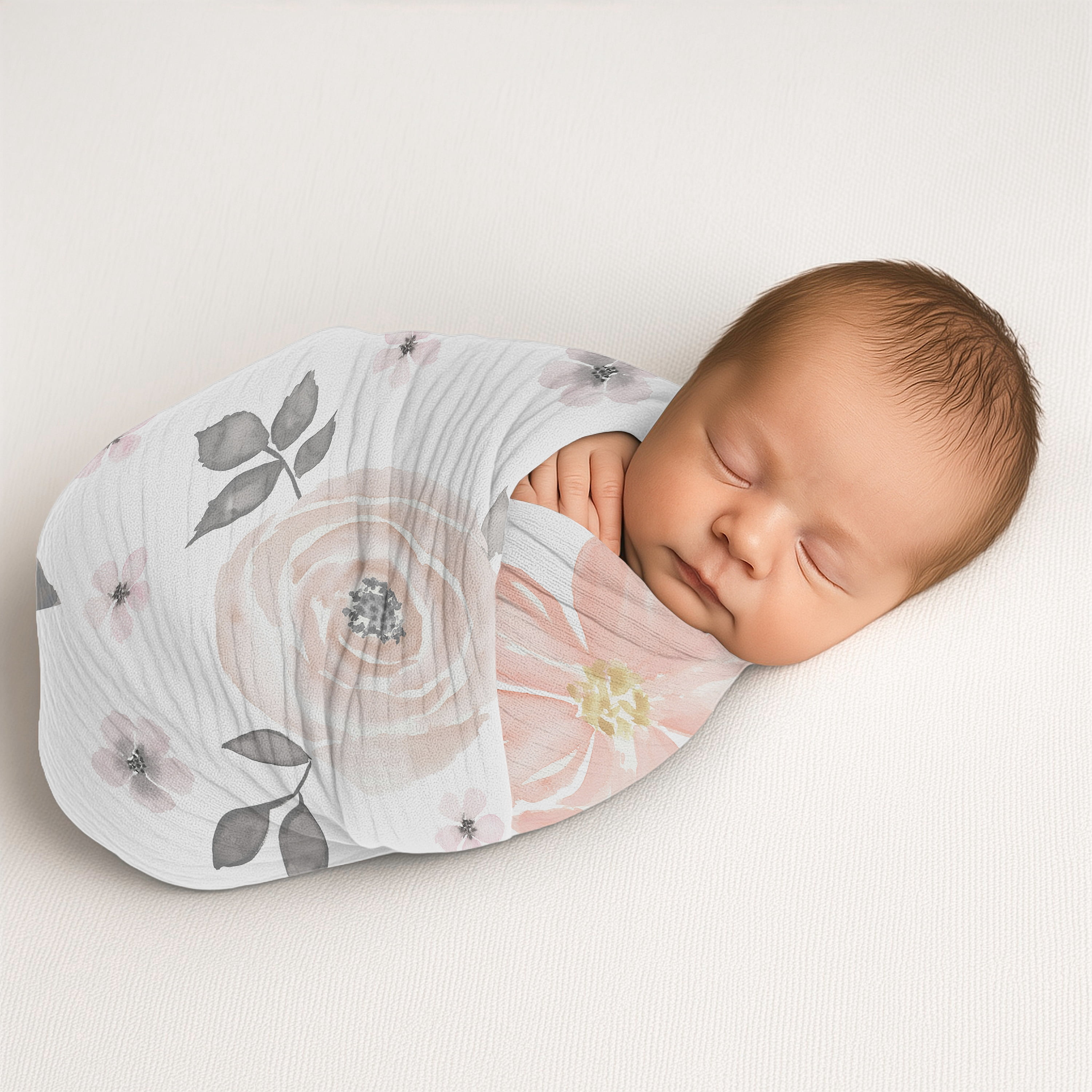 Sweet Jojo Designs Watercolor Floral Pink and Grey Girl 100% Cotton Muslin Baby Swaddle Receiving Blanket