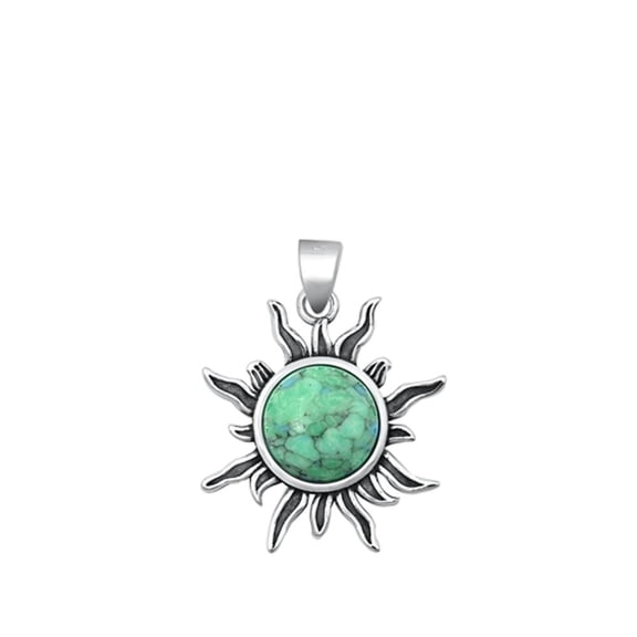 Beautiful Oxidized Flaming Sun Simulated Turquoise Sterling Silver Celestial Pendant 925 Jewelry Female