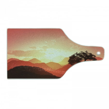

Mystic Cutting Board Oriental Sunset View with Tree and Mountains Mystique Hills Decorative Tempered Glass Cutting and Serving Board Wine Bottle Shape Coral Orange Dark Brown by Ambesonne