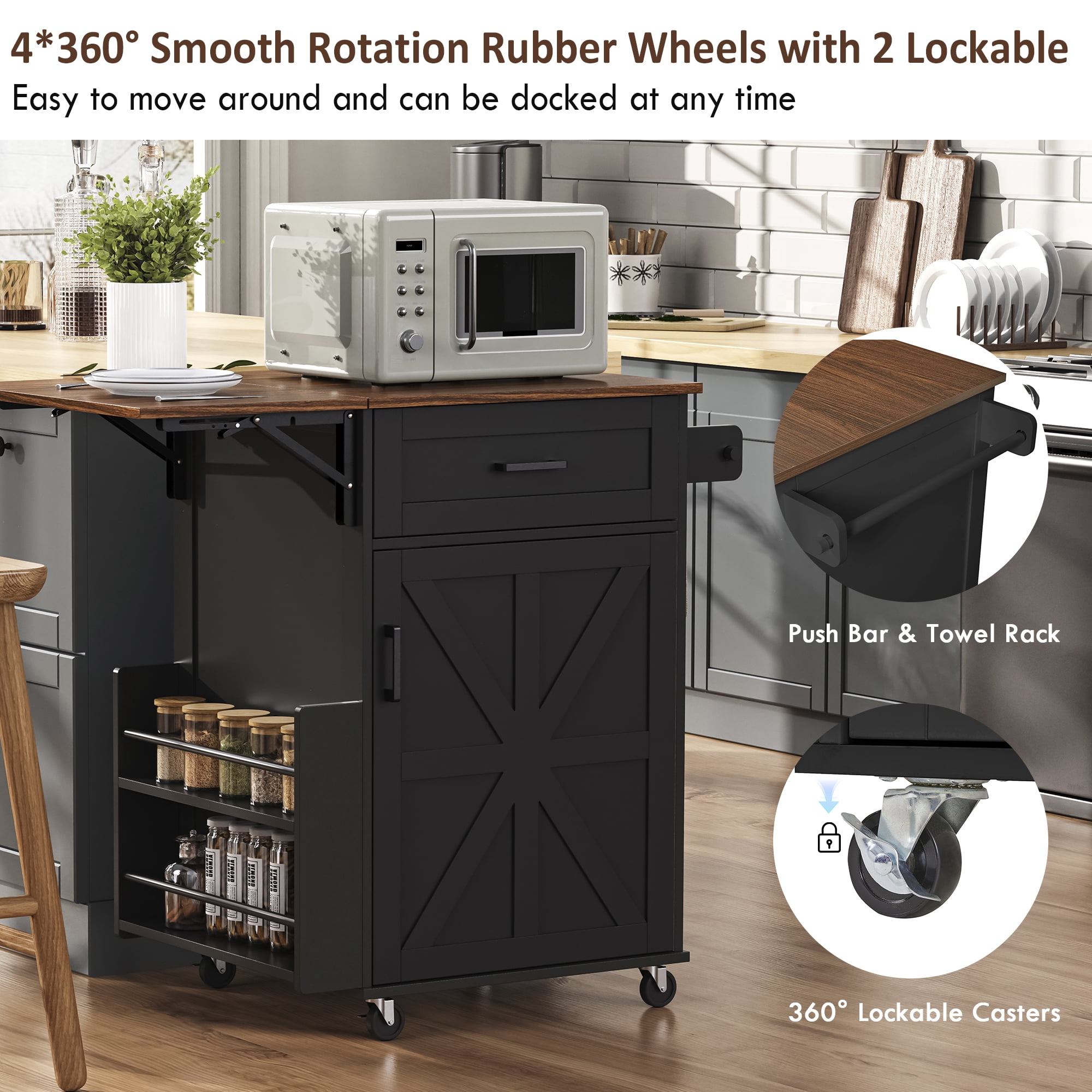 Alvantor Farmhouse Kitchen Island with Drop Leaf, 39.3" W Rolling Kitchen Cart with Side Rack for Dining Room Black