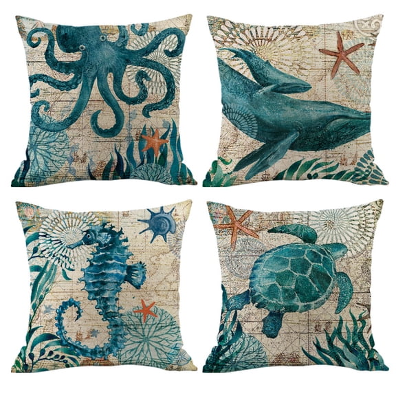 Ocean ​Theme Nautical Decorative Pillow Covers, Sea Turtle Octopus Seahorse Whale Decorative Throw Pillows 18x18, Sea Beach Coastal Mediterranean Cotton Linen Pillow Cases Home Decor for Sofa