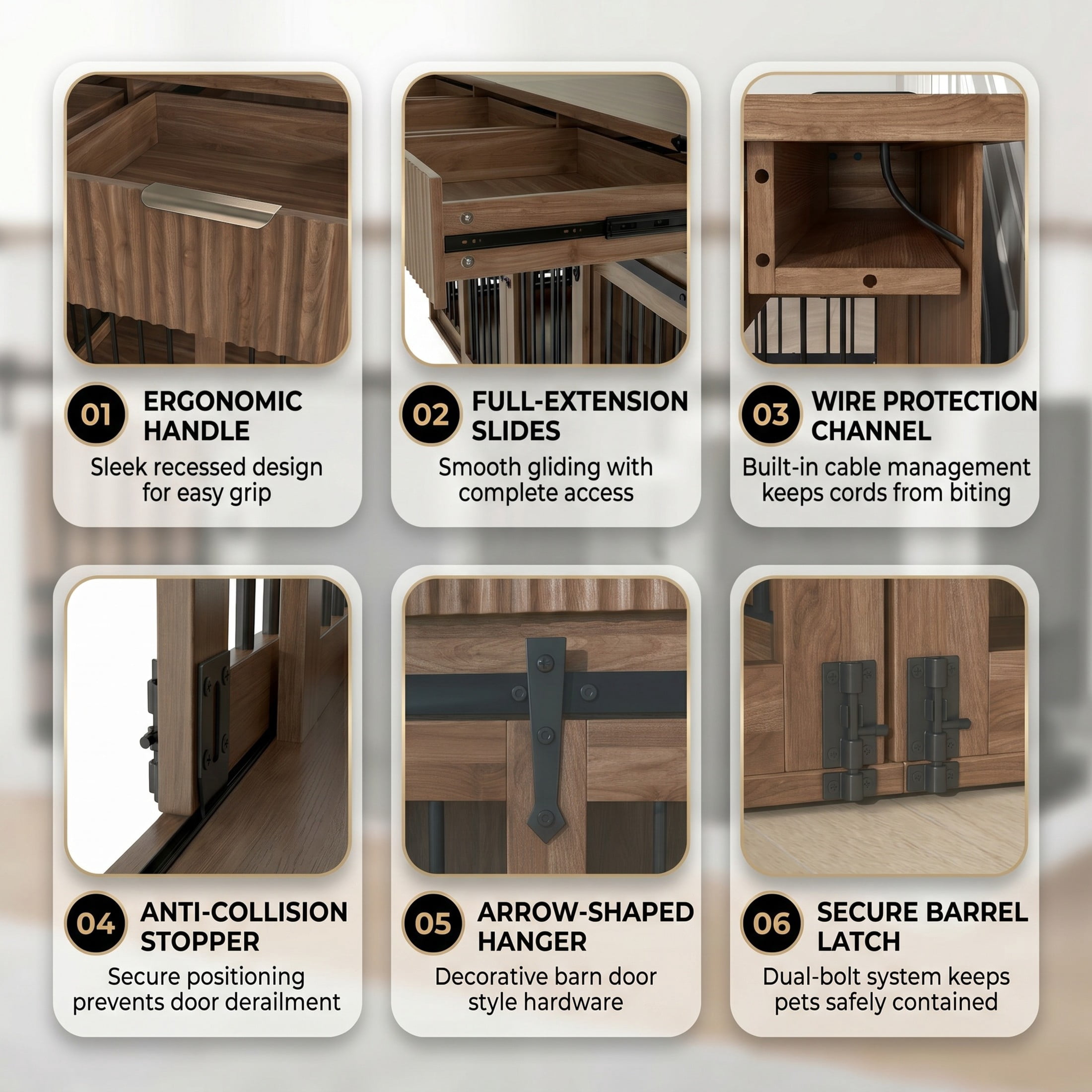Noble House 71" Double Dog Crate Furniture with Fluted Drawers, Large Kennel with Charging Station, Walnut
