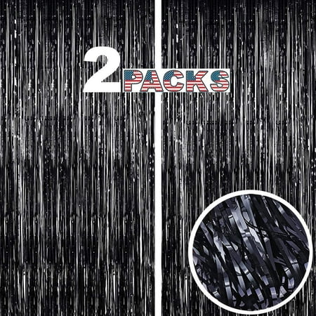 Image of Black Fringe Party Backdrop -6.5x6.5ft Pack of 2 | Black Foil Fringe Curtain Black Backdrop for Party Birthday