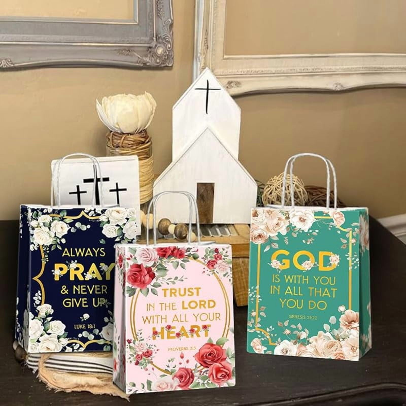 20packs Religious Party Favors Bags with Handles, Inspirational Flower Christian Goodie Gift Kraft Paper Bags with 4 Different Types for Women Girls Birthday Wedding Baptism Easter Day Spring Party