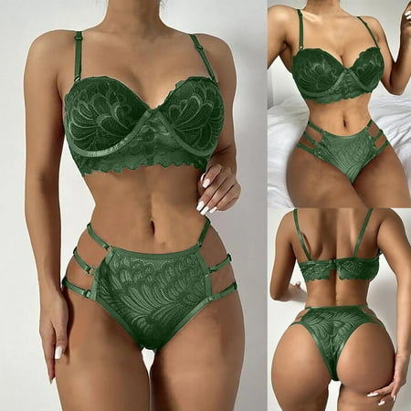 

KOOYI Ladies Strap Lace Crochet Cutout Teddy Lingerie Embroidery Underwear Valentine s Nightgown Pajamas Green / S