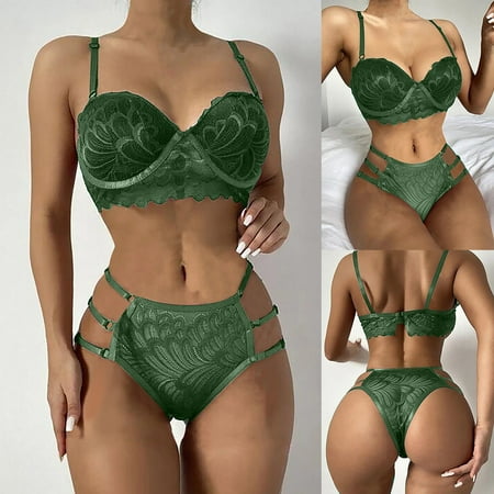 

KOOYI Ladies Strap Lace Crochet Cutout Teddy Lingerie Embroidery Underwear Valentine s Nightgown Pajamas Green / S