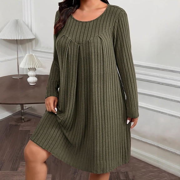 BLTIBY Ribbed Knit Dresses for Women Long Sleeve Casual Spring Round Neck Dresses Plus Size Flowy Dress Pleated Fashion Clothes Army Green XXL