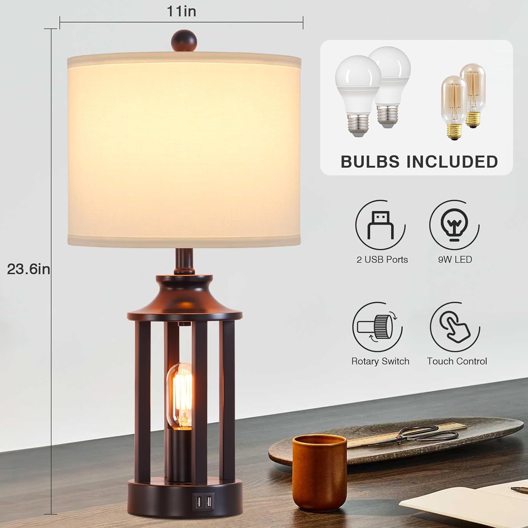 Cinkeda Modern Table Lamp Set of 2 with USB Ports 3 Way Dimmable Nightlight Industrial Black Bedside Lamps for Bedroom Living Room