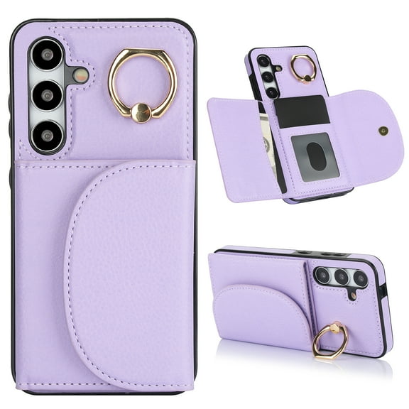 Allytechgroup Phone Case for Samsung Galaxy S21, PU Leather Galaxy S21 Cover with Card Holder, Rotating Ring Stand PU Leather Shockproof Anti-Scratch Wallet Case for Women Men,Purple