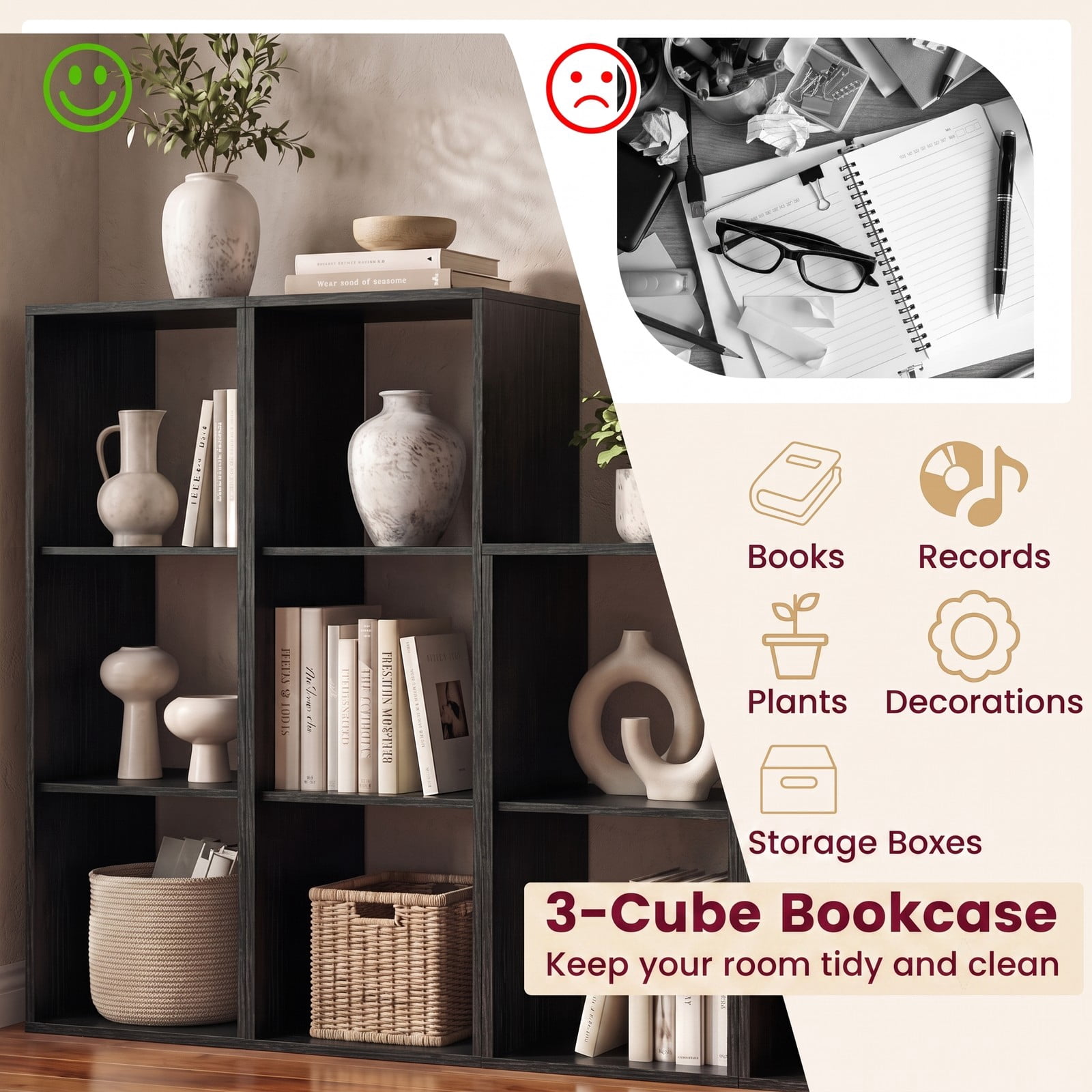 Furnibear 3 Cube Bookshelf with Back Guardrail, Engineered Wood Cube Storage Organizer Bookcase Display Shelf for Living Room Bedroom Home Office with, Black