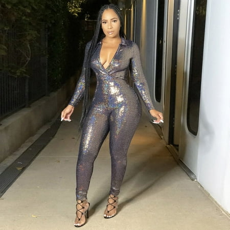 Jumpsuit Women Deep V Neck Jumpsuit Print Long Sleeve Package Hips Bodysuit Casual Jumpsuit Silver Women S Polyester Jumpsuit M
