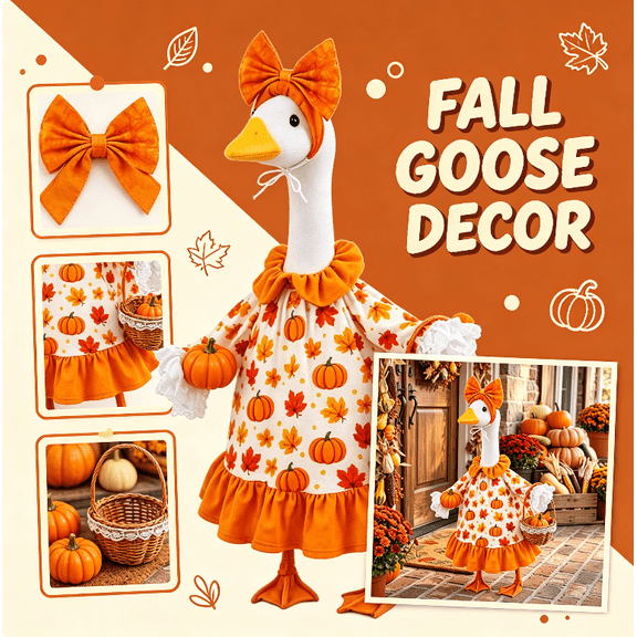 23 Inch Thanksgiving Porch Goose Outfit, Fall Pumpkin And Maple Print Dress With Bow, Cute Autumn Costume For Outdoor Yard Patio Thanksgiving Decoration,No Goose