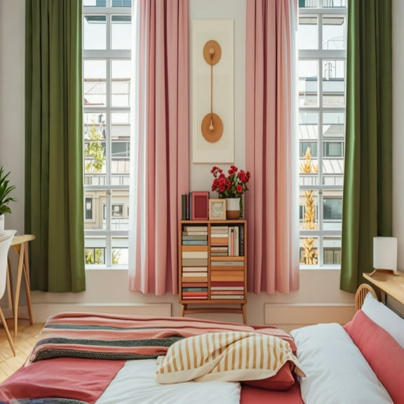 SMILETIME Pink & Green Back Tab Curtains, 4 Panels Set Rod Pocket & Pinch Pleat Design Light-Filtering & Thermal Insulation Ideal for Living Room, Bedroom & Office Windows