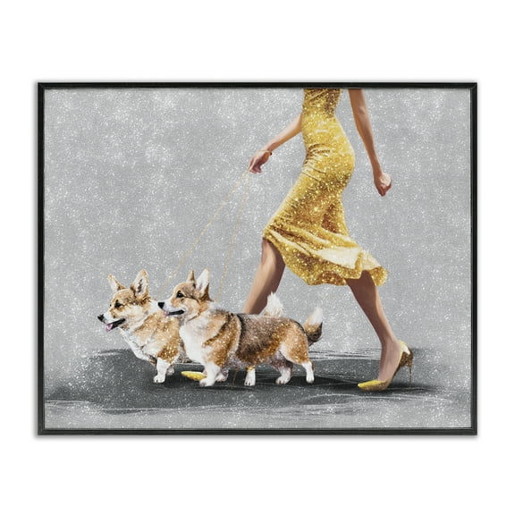 Stupell Industries Chic Woman with Corgis People Painting Black Framed Art Print Wall Art, 14 x 11