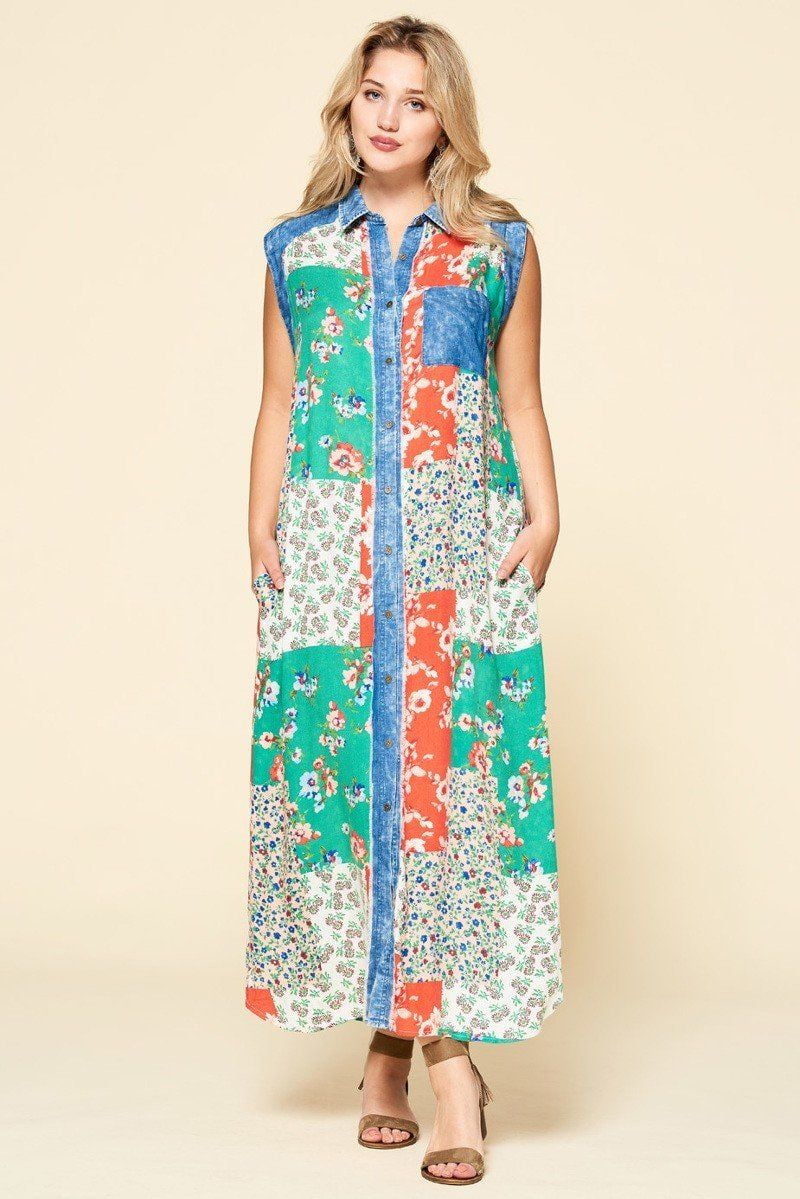 CC Wholesale Clothing Mixedfloral Patchwork Printed Buttondown Maxi
