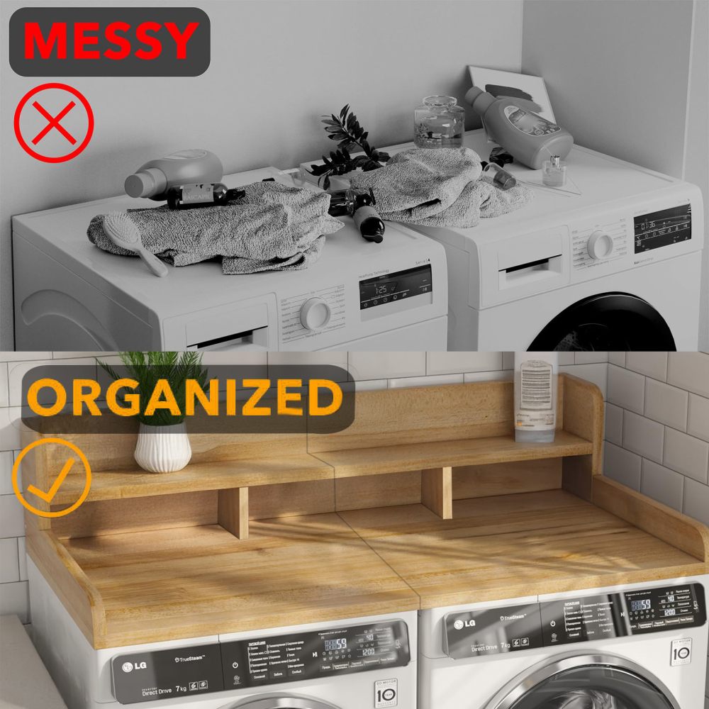 54" x 27.5"Washer Dryer Countertop with Non-slip Pads, Laundry Wood Shelf Topper with Edge, Double Layer Organizer for Washer and Dryer Laundry Hamper Counter Storage, Natural Wood