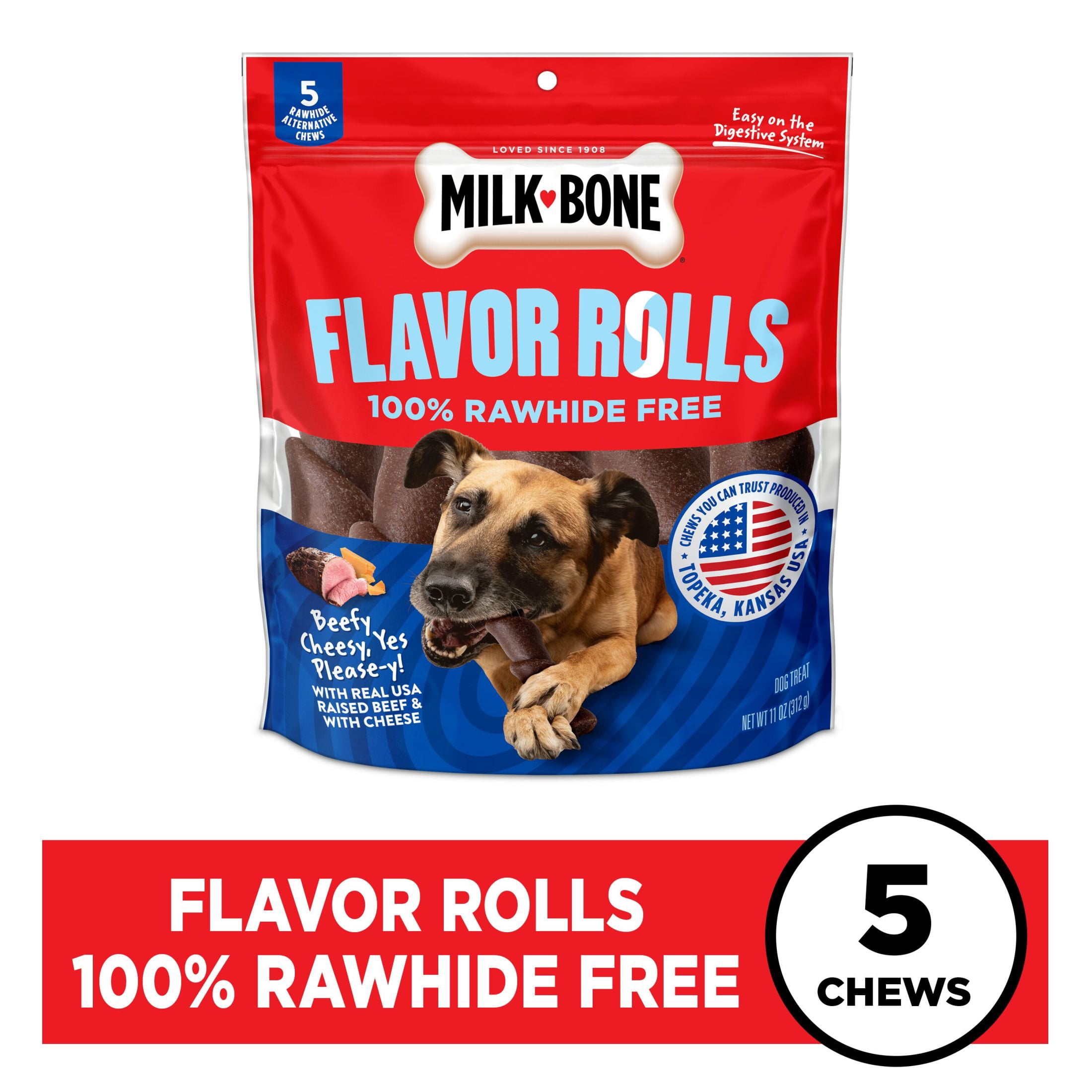 (4 pack) Milk Bone Flavor Rolls Beefy Cheesy, Yes Please y! Rawhide Free Dog Treat With Beef, 5 Count Bag