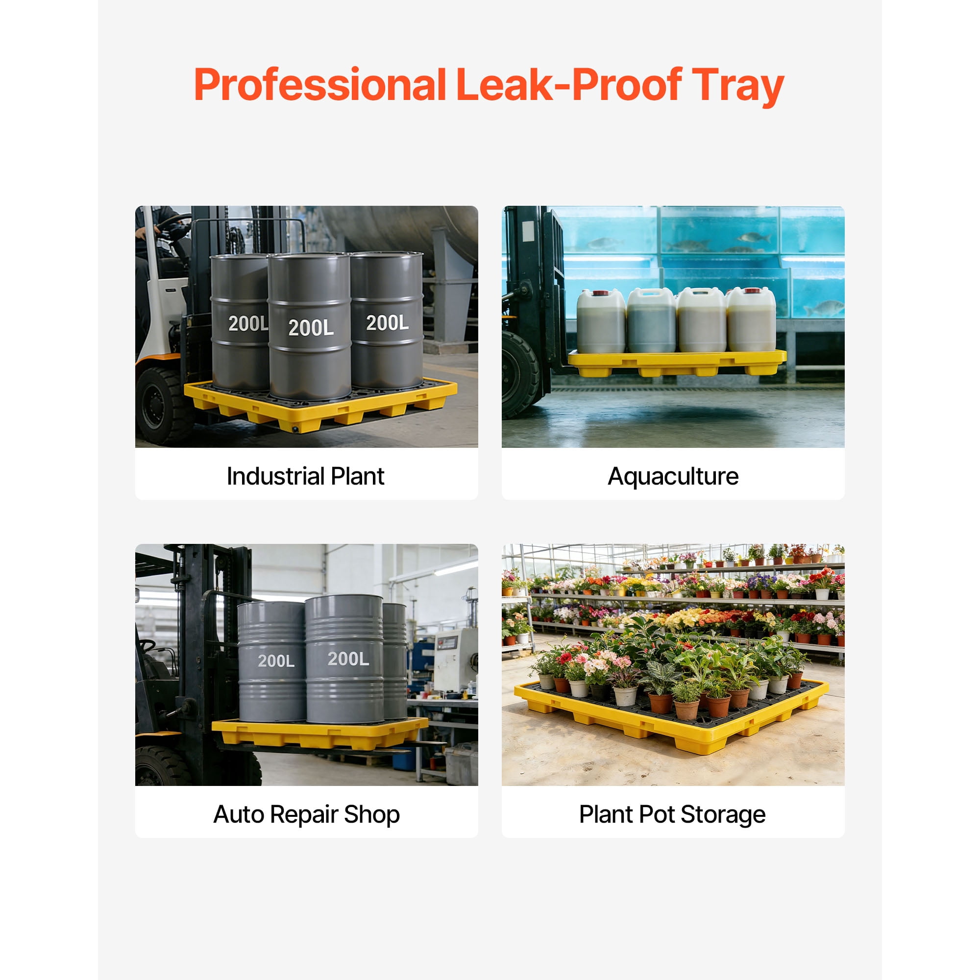 KFFKFF 4-Drum Spill Containment Pallet, Low-Profile Modular Platform, 31-Gallon Sump Capacity, 8818 lbs Load Support, Durable Polyethylene Tray with Drain, 51.4" x 50.4" x 5.9", Yellow