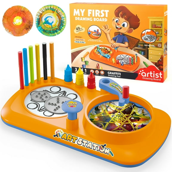 Flooyes 3 in 1 Spin Art Station, Creative Art Toy Set With Spirograph and Pigment, Birthday Gifts For Boys and Girls 3-8 Orange
