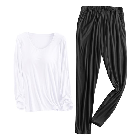 Ensemble de Pyjamas pour Femmes 2 Pcs avec Soutien-Gorge Intégré, Chemises de Nuit à Manches Longues en Modal Doux et Col en V avec Pantalons, Vêtements de Nuit et de Détente (TTTG, Noir 02)