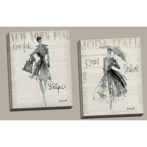 Trendy Newspaper-Style New York and Rome Fashionista Set by Anne Tavoletti; Two 16x20in Canvases
