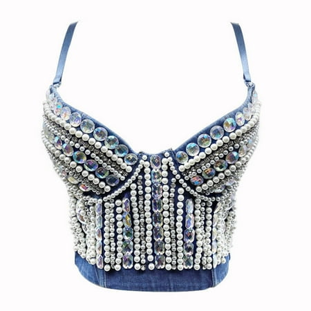 

CLZOUD Everyday Bras Blue Womens Stud Studded Diamond Shaped Breathable Fashion Outer Wear Bra Slim Fitting Sling L