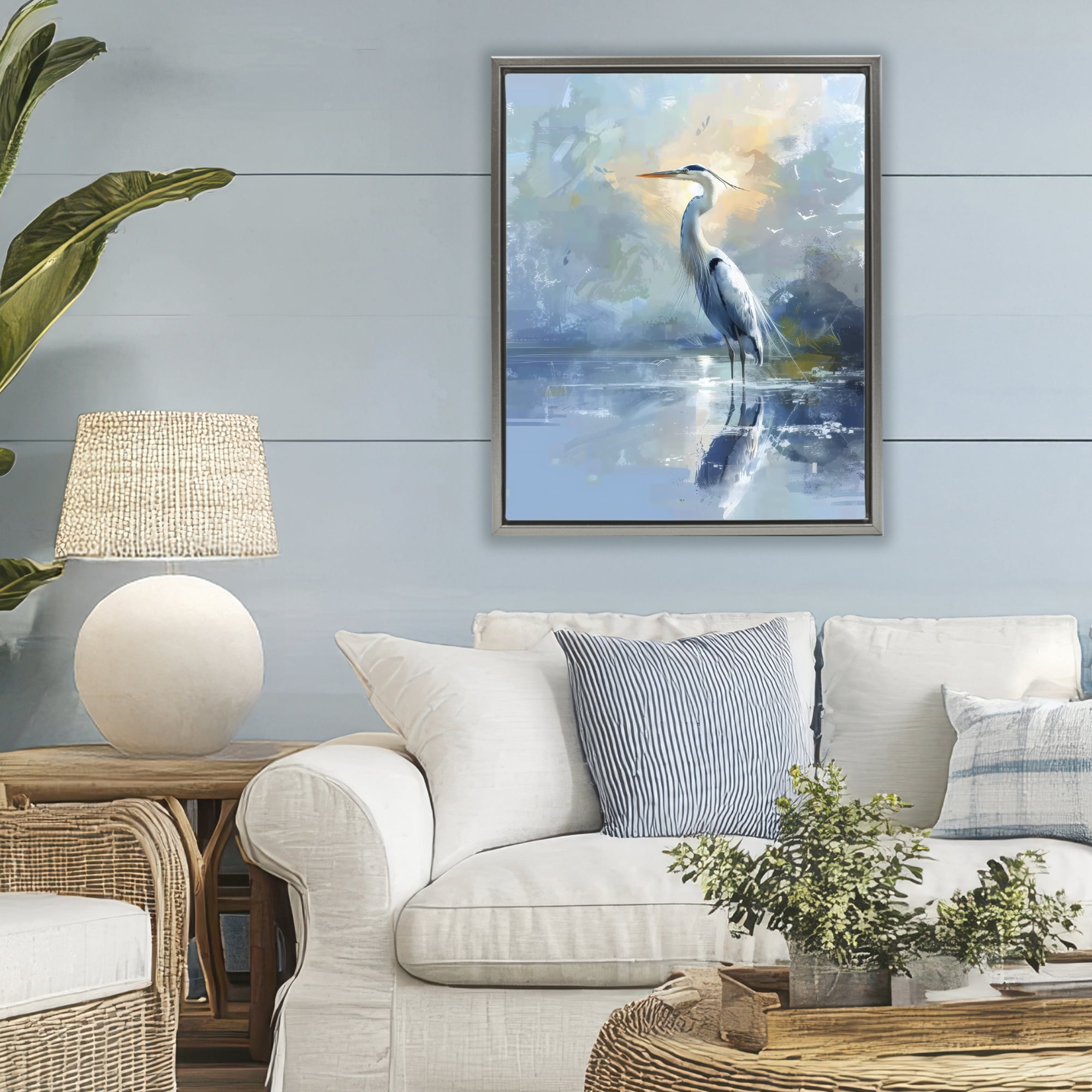 Stupell Industries Tranquil Heron with Dawn Glow Gray Framed Floater Canvas Wall Art, design by Creative Studio