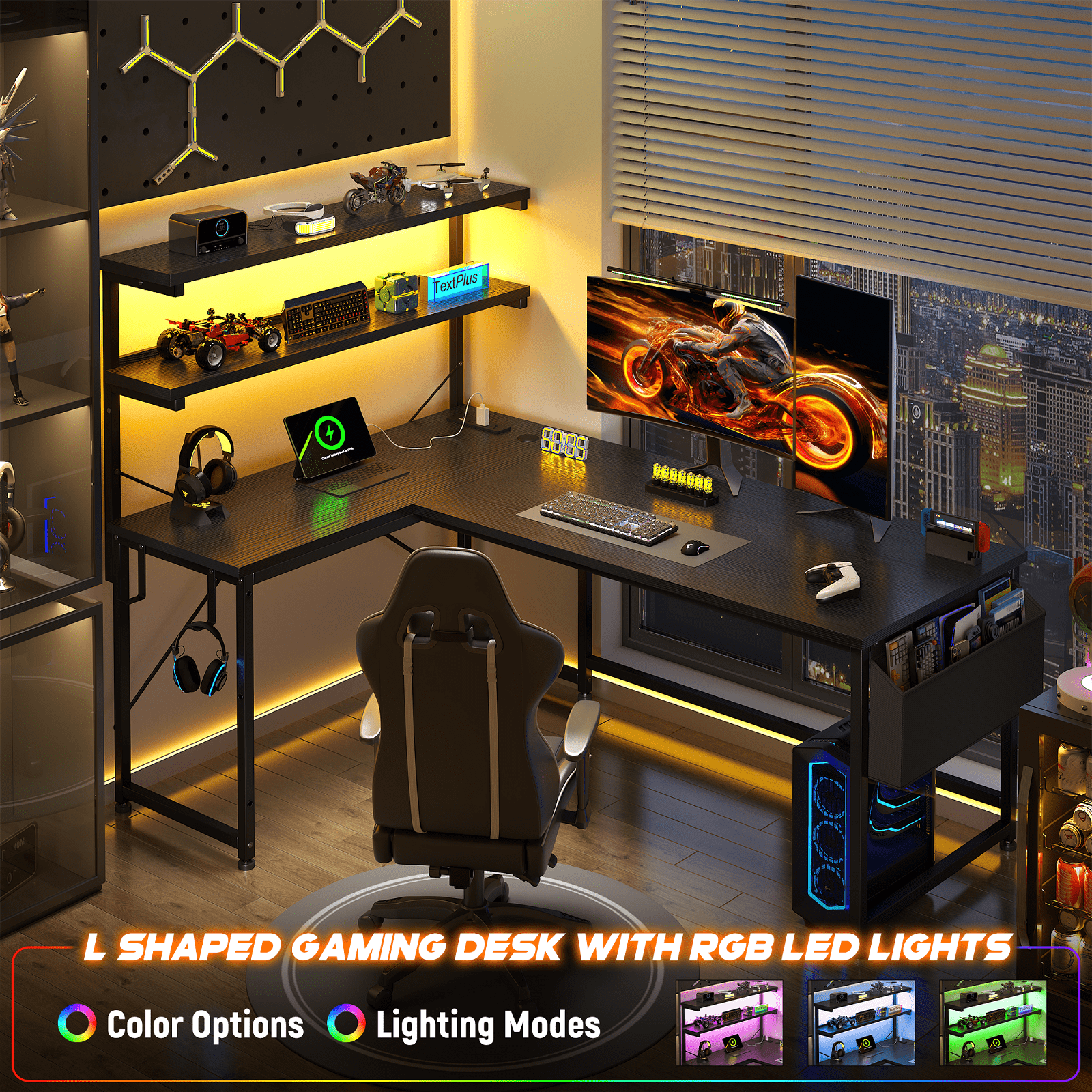 Romorgniz L Shaped Computer Desk with LED Lights & Power Outlet, Reversible 53"W Gaming Desk with Storage Shelf, Side Bag, Hooks for Home Office, Black